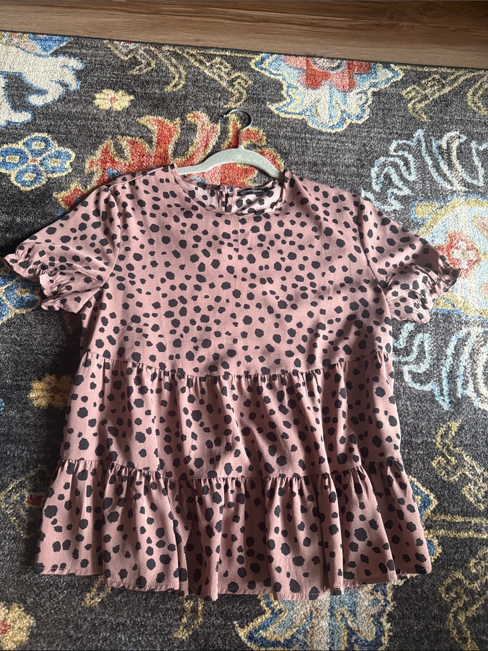 Woven Short Sleeve Peplum Top - Dusty Pink with Black Spots